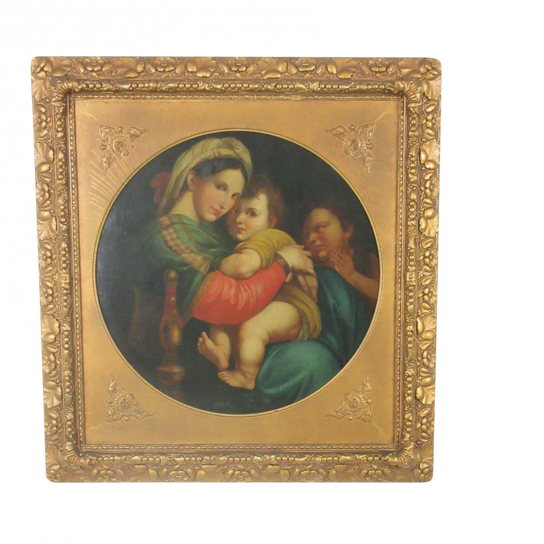 MADONNA OF THE CHAIR AFTER RAPHAEL URBINO: French School 19th Century oil on canvas of The Madonna Of The Chair after Raffaelo Sanzo da Urbino (1483 – 1520). Fine condition, measuring framed 33 x 35 inches, painting 23 inches in diameter.