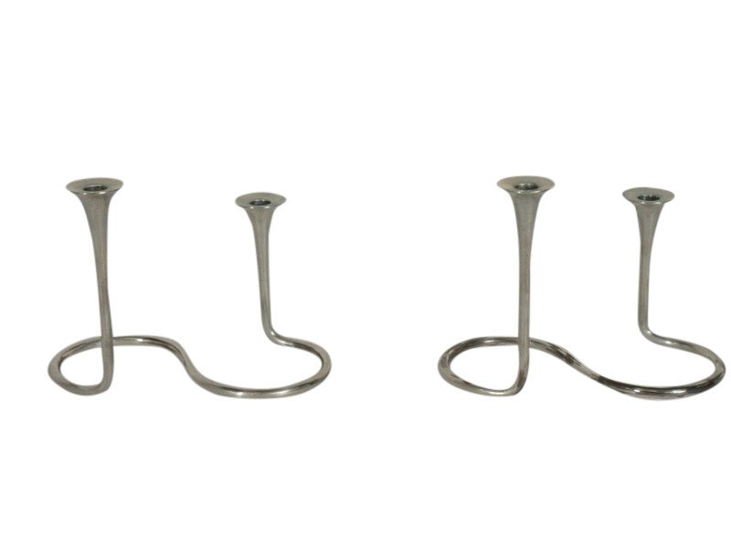 PAIR OF DANISH STERLING CANDLESTICKS: Pair of sterling snake form candlesticls by A. Michelsen / Coppenhagen / Denmark E G O R S. Each measuring 6.5 inches wide by 3 inches deep and 5 inches tall weighing 413 grams.