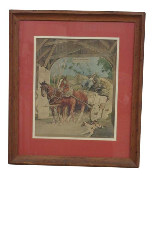 LARGE WATERCOLOR OF HORSES AT CIRCUS GATE: Fine watercolor painting of a horse drawn cart coming through a circus gate framed measuring 25 x 22 inches sight view 16 x 13 inches. Good condition.