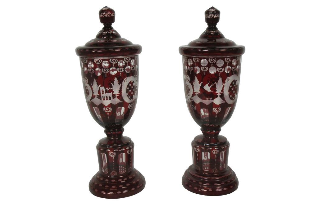PAIR OF RUBY & CLEAR GLASS URNS (1 of 6)