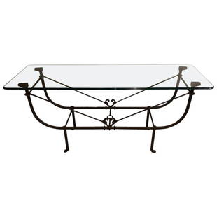 LARGE METAL DIEGO GIACOMETTI STYLE COFFEE TABLE: Large and impressive Metal Diego Giacometti style console table. The heavy strong and sturdy console or sofa table has a Giacometti form base supporting a finely beveled glass top. Measures 33.5 inche