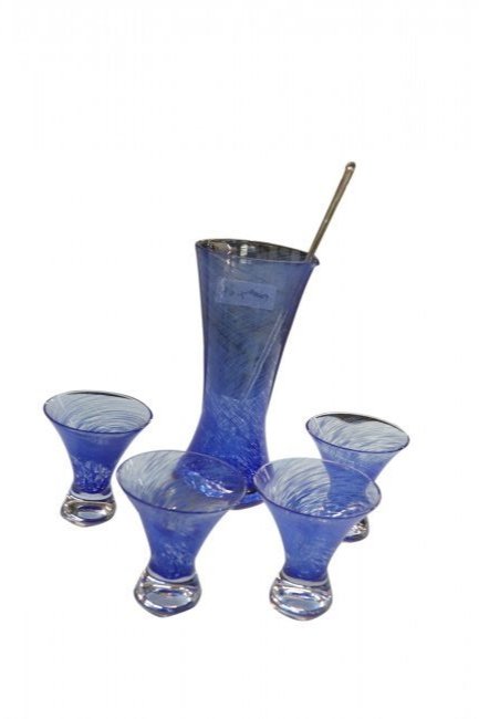 DANSK COCKTAIL SET BLUEBERRY TWIST DESIGN: Five piece Dansk cocktail / martini set in blueberry twist design. Measuring 9.5 inches tall shaker, and 4 tall glasses 4" tall by 3.75" wide . Good condition.
