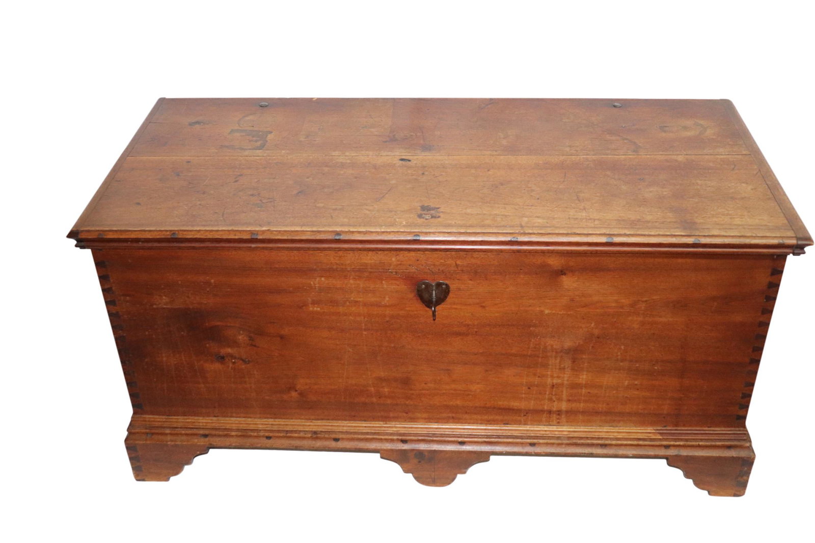 RARE 18TH CENTURY LANCASTER COUNTY BLANKET CHEST: Rare 18th century lancaster county walnut chippendale blanket chest with its original strap hinges and heart shape iron lock plate cover. Measuring 50 inches long by 22 inches deep and 25 inches tall.