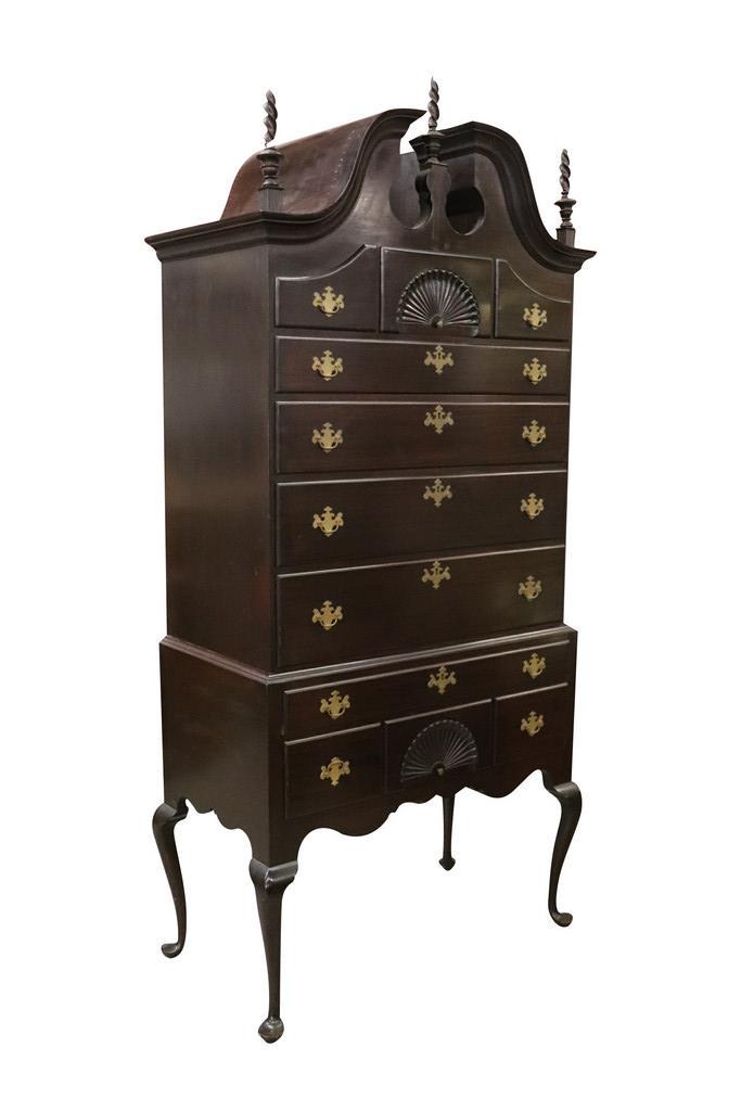 QUEEN ANNE HIGHBOY CHEST OF DRAWERS: Superb antique large Queen anne highboy on pat feet with a bonnet top.