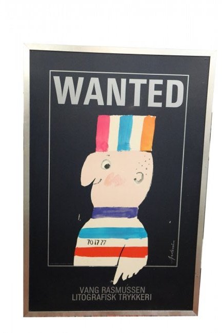 RARE POSTER WANTED BY VANG RASMUSSEN: Rare poster "Wanted" by Vang Rasmussen (for the Danish artist Ib Antoni 1929-1973) depicts a prisoner under a 'wanted' banner signed by the artist just below the red stripe (see pic) dated 1967. Measu