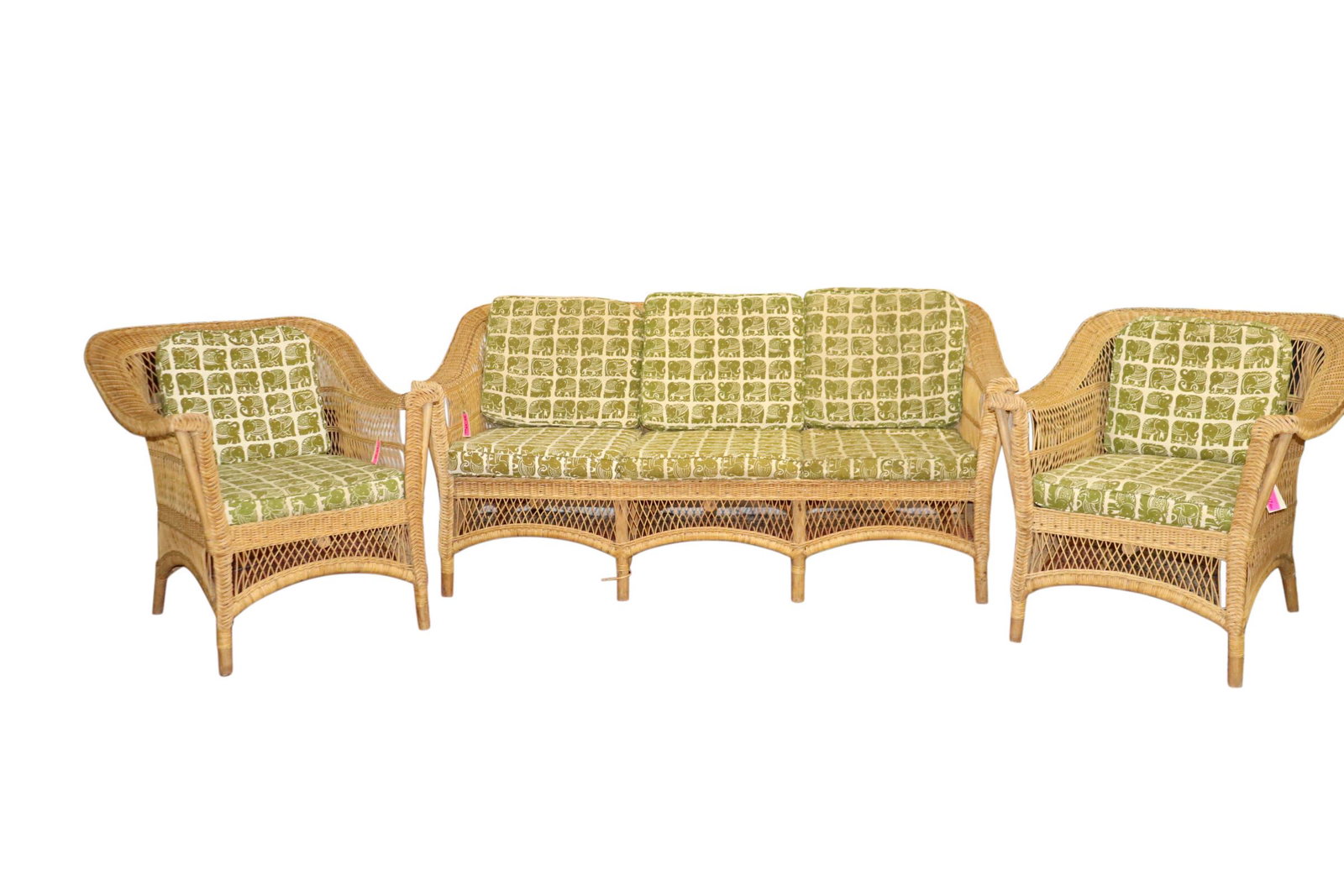 3 PIECE VINTAGE RATTAN OUTDOOR PATIO SET: Vintage 4 piece rattan patio set with 3 arm chairs and one small sofa. Measuring as follows; Sofa / Settee 71 inches long by 34 inches deep and 33 inches tall; seat 60 by 24 inches. Two Arm Chairs mea