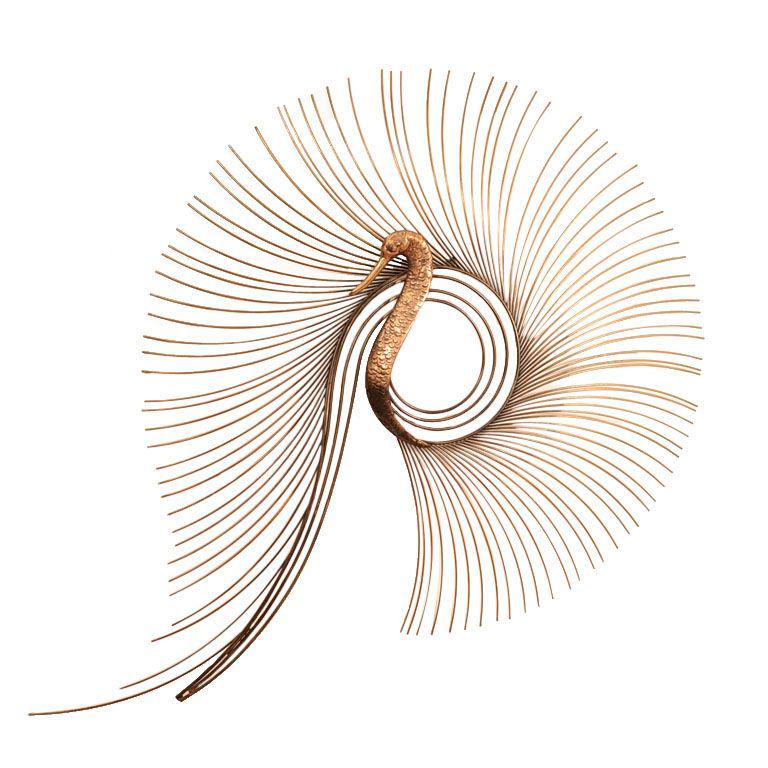 CURTIS JERE BRASS PEACOCK WALL SCULPTURE: Curtis Jere (1910-2008) brass peacock wall art sculpture measuring 42 inches in diameter and in good condition.