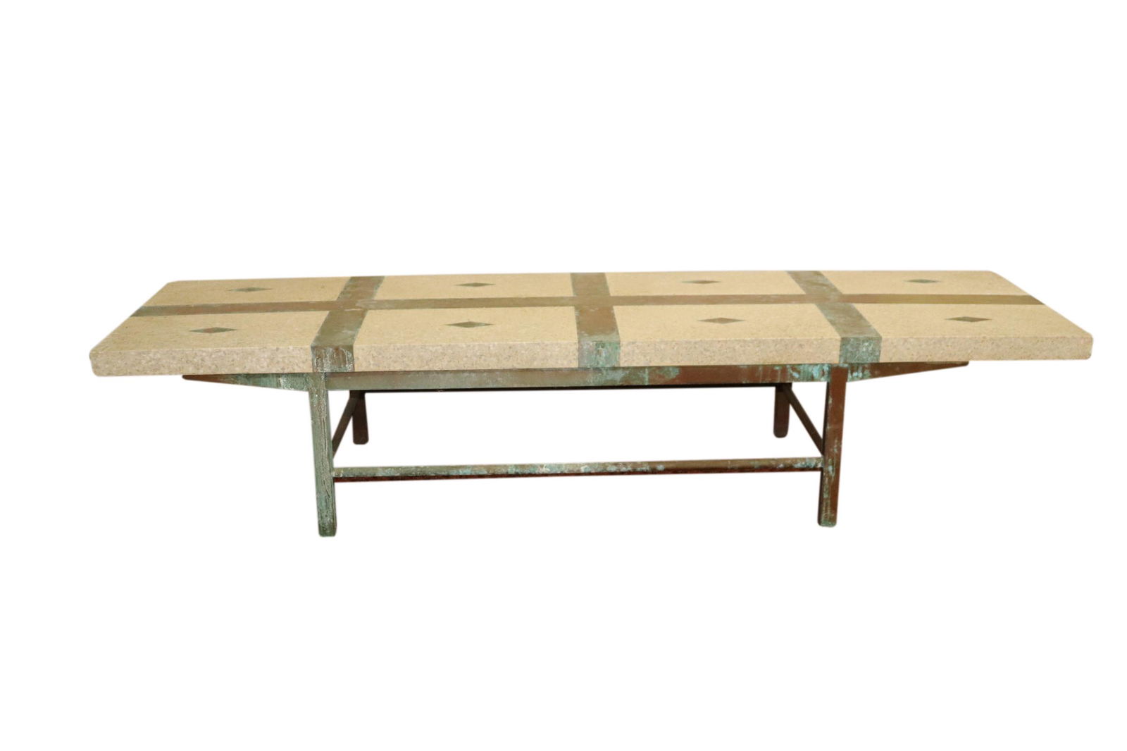 MCM INLAID STONE AND BRONZE COFFEE TABLE: Exceptional mid century modern inlaid brass in stone long coffee table in the manner of Kelvin LaVerne. Measuring 20 inches wide by 72 inches long and 15 inches tall; the top is 2 inches thick inlaid