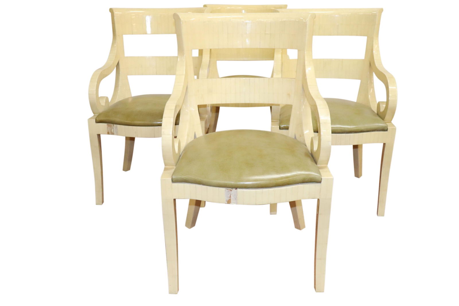 4 ENRIQUE GARCEL VINTAGE TESSELLATED DINING CHAIRS: Set of 4 vintage tessellated cream color bone inlay dining arm chairs by Enrique Garcel. Measuring 21 inches wide by 25 inches deep and 37 inches tall; the seats measure 18 inches wide by 20 inches de