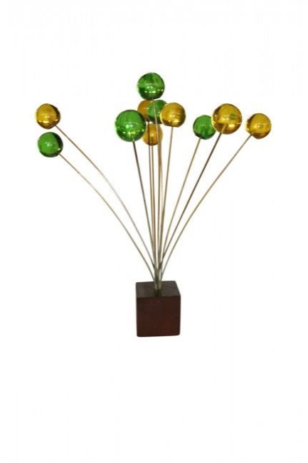 MCM Kinetic Ball sculpture: Mid Century Modern kinetic wire and ball sculpture on a wood base. Very good condition.