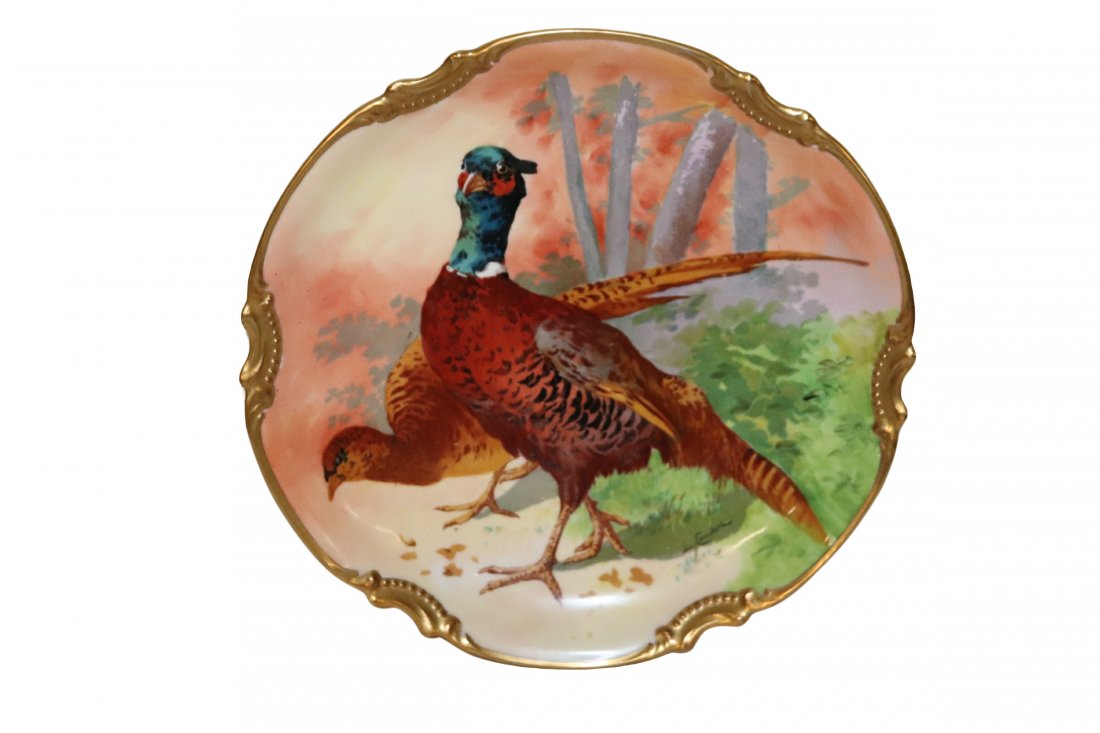 Limoges Antique Pheasant Cabinet Plate Signed: A Limoges antique cabinet plate painted with a pheasant and signed by the artist.