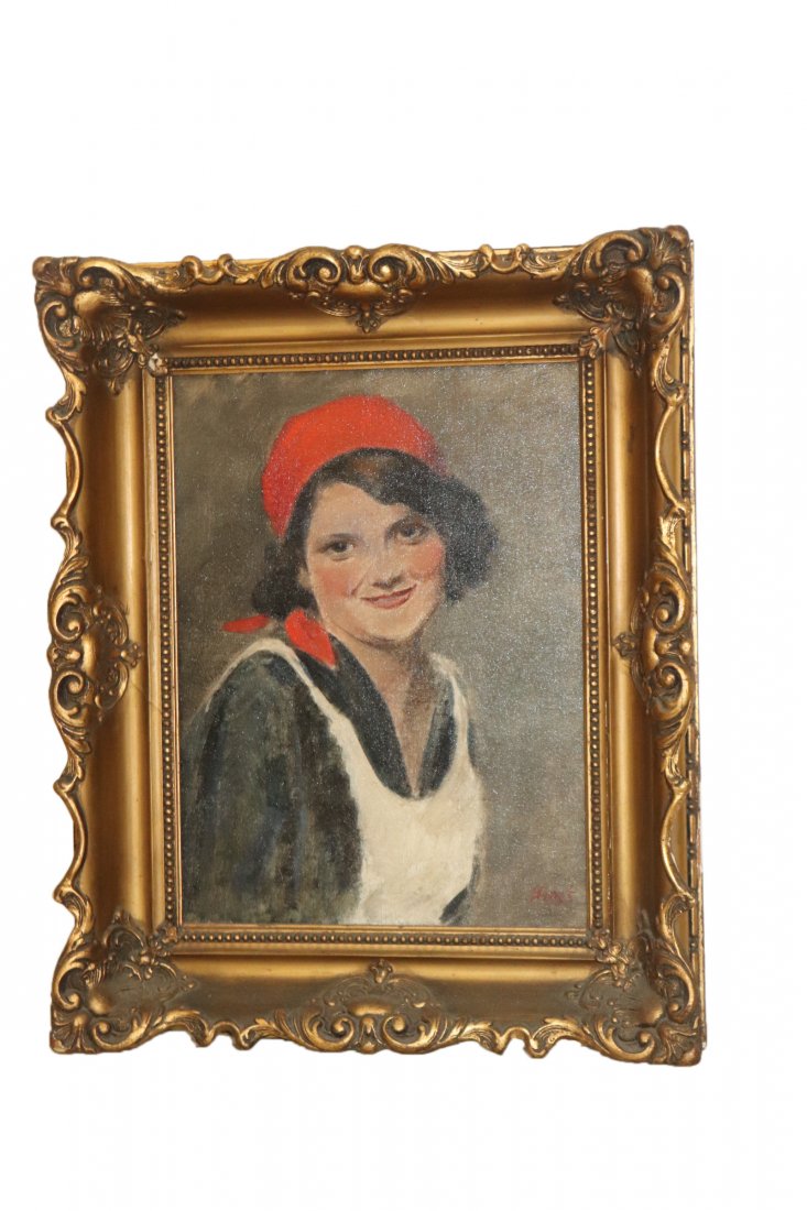 Antique Oil Painting Of A Girl In A Red Hat (1 of 2)