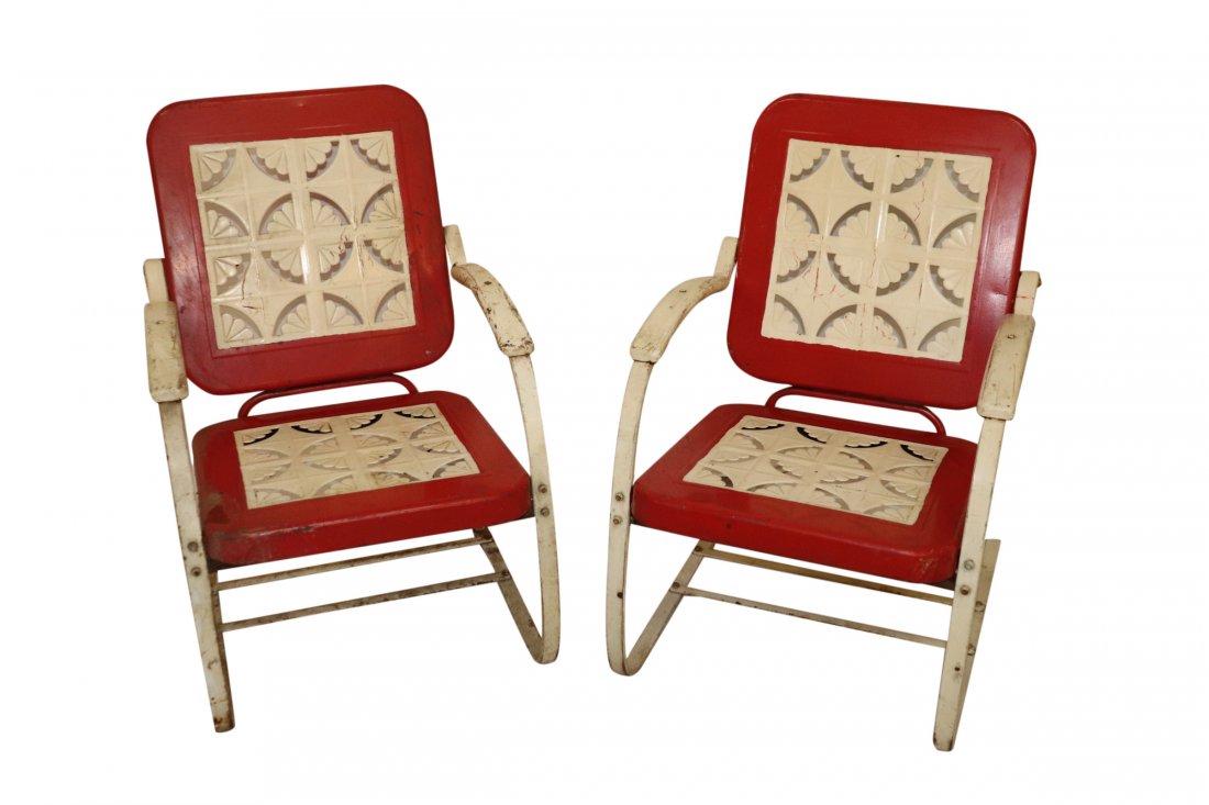 Pair Of Bunting #813 Outdoor Lawn Rockers: Rare pair of Bunting #813 outdoor lawn rockers in red and white. Scuffs and discoloration but generally in good condition.
