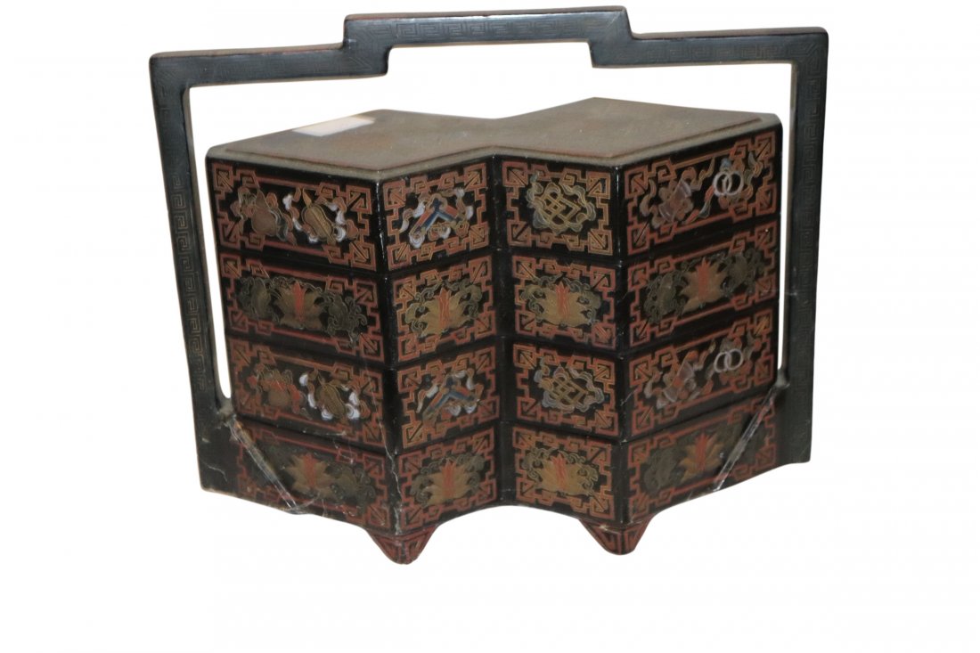 Chinese Black Lacquer Gilt Lunch Box (1 of 4)