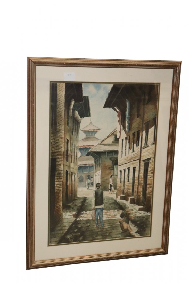 Signed Nepal Watercolor Street Scene Signed: Nepal watercolor of a street scene signed. Measurements: 21 inches width x 28 inches tall. Good condition.