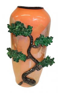 Bernard Katz Art Glass Vase: Art glass vase by Bernard Katz. Peach with green leaves. Good Condition. No visible chips or cracks. Dimensions 16 inches x 9 inches x 4 inches. Good condition.