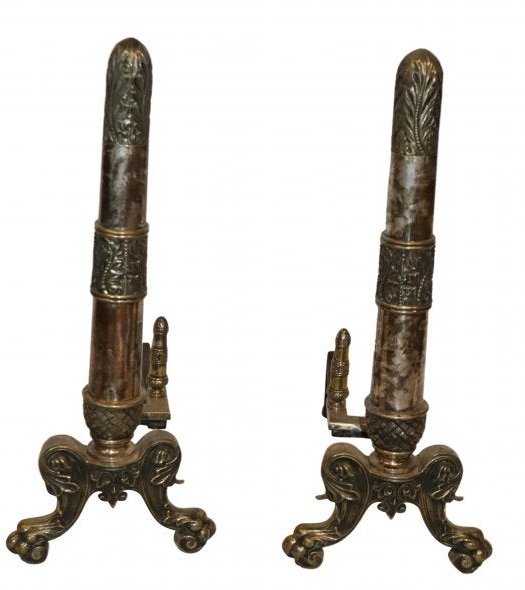 Antique Silver Plate Andirons: Great pair of antique silver plate metal Andirons. In very good condition. Dimensions 25 inches x 9 inches x 18inches