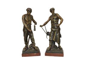 Pair of  Metal Statues on Marble Bases -  Le Travail (1 of 8)