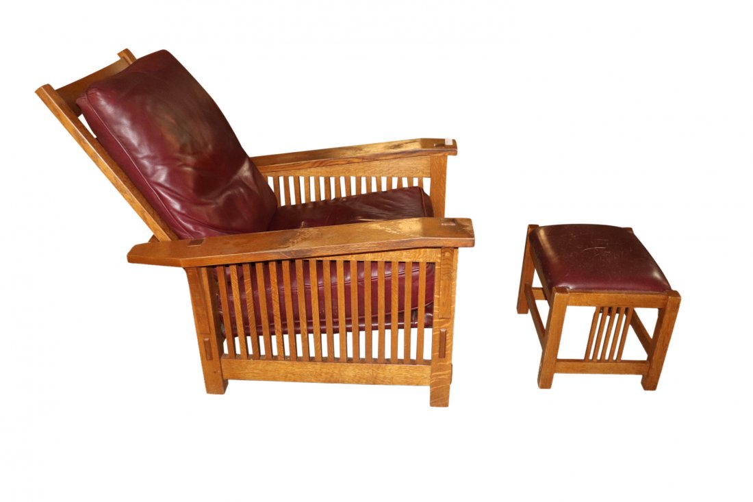 Great Stickley Lounge Chair and Ottoman: Nice Stickley lounge chair with adjustable back and ottoman. Solid wood frame with rich burgundy leather. Ottoman leather has some cracking. Cushions on chair is in good condition. Dimensions chair is