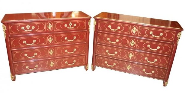 Exquisite Pair of Baker Gilt Ormolu Chest: Exquisite Pair of Bakers Furniture gilt ormolu chest. Veneered with gilt bronze accents. One chest has some crackling, but overall these chests are in good condition. Overall dimensions 35 inches high