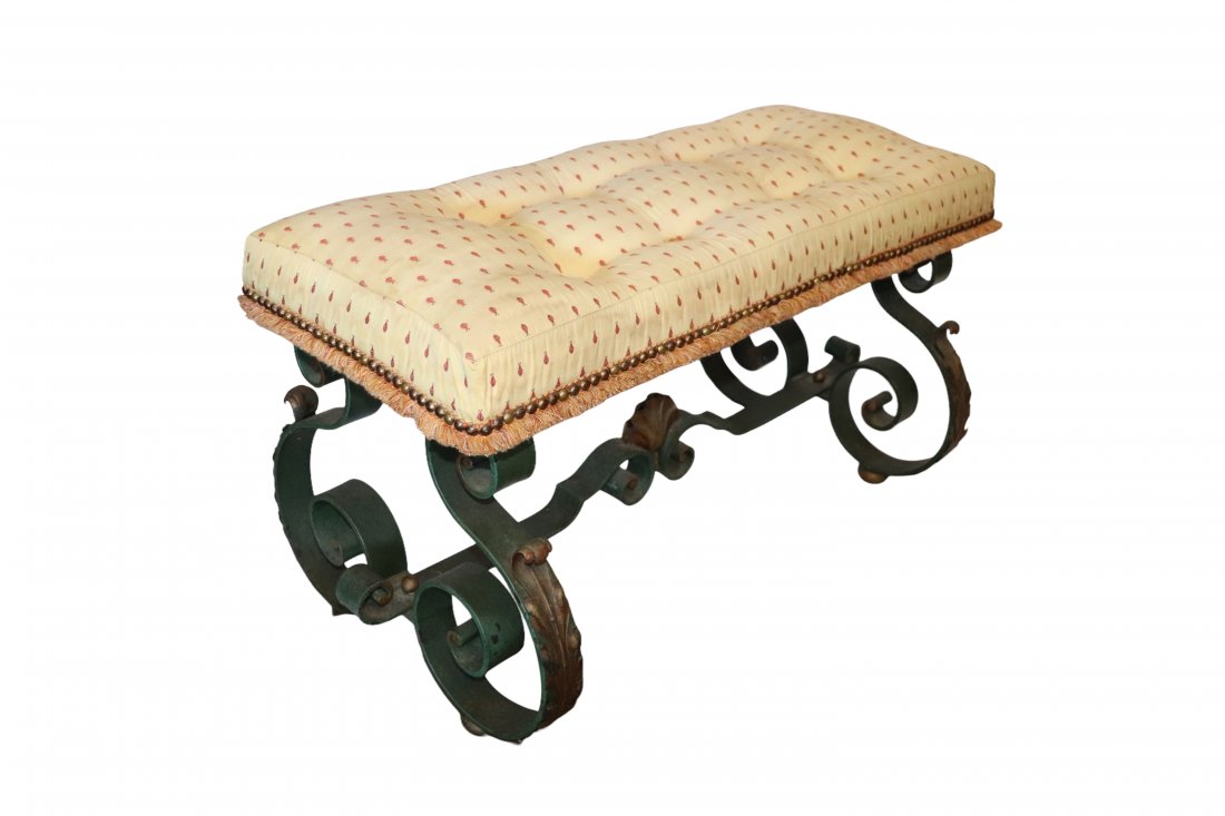 Vintage Upholstered & Decorative Iron Base Bench (1 of 6)