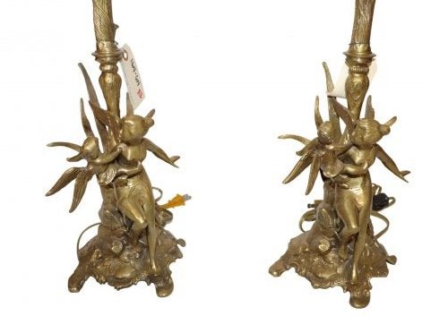Pair of Frederick Cooper Bronze Lamps & Shades: Great pair of signed Frederick Copper bronze Fairy lamps with original Frederick Cooper shades. Overall good condition. Dimensions 30 inches to top of Finial x 6 inches wide.