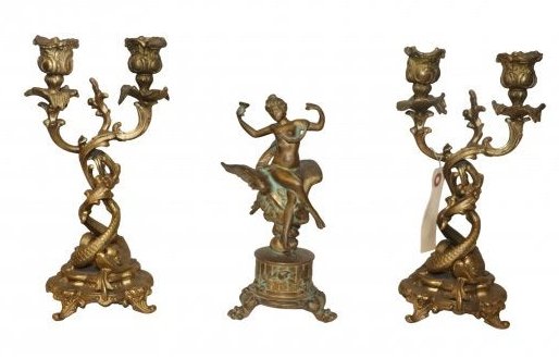 Collection of Antique Brass Candle Holders & Statue (1 of 8)