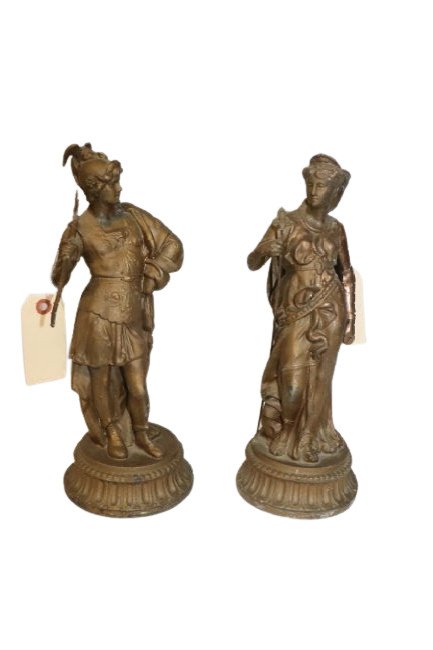 Man and Woman Warrior Statues: Pair of statues of man and woman warriors. Man is carrying an axe. Woman is carrying a spear. Some damage to woman's arm needs repair. Dimensions 13 x 4 inches. Please refer to photos for details.