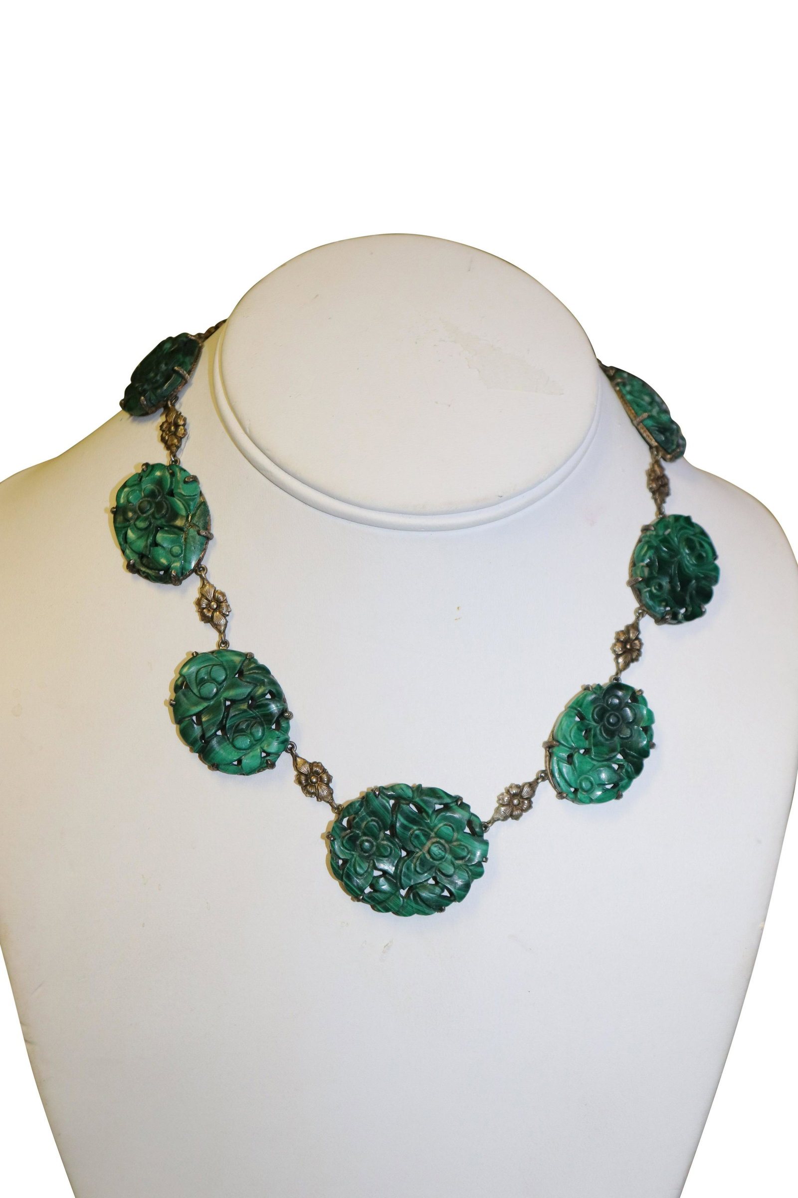 Malachite and Silver Jewelry: Great Necklace with Large Malchite center stone with carved roses. Smaller ovals continue to clasp with carved roses. Pair of oblong Ch and silver screw on earrings, and lovely little sterling and sto