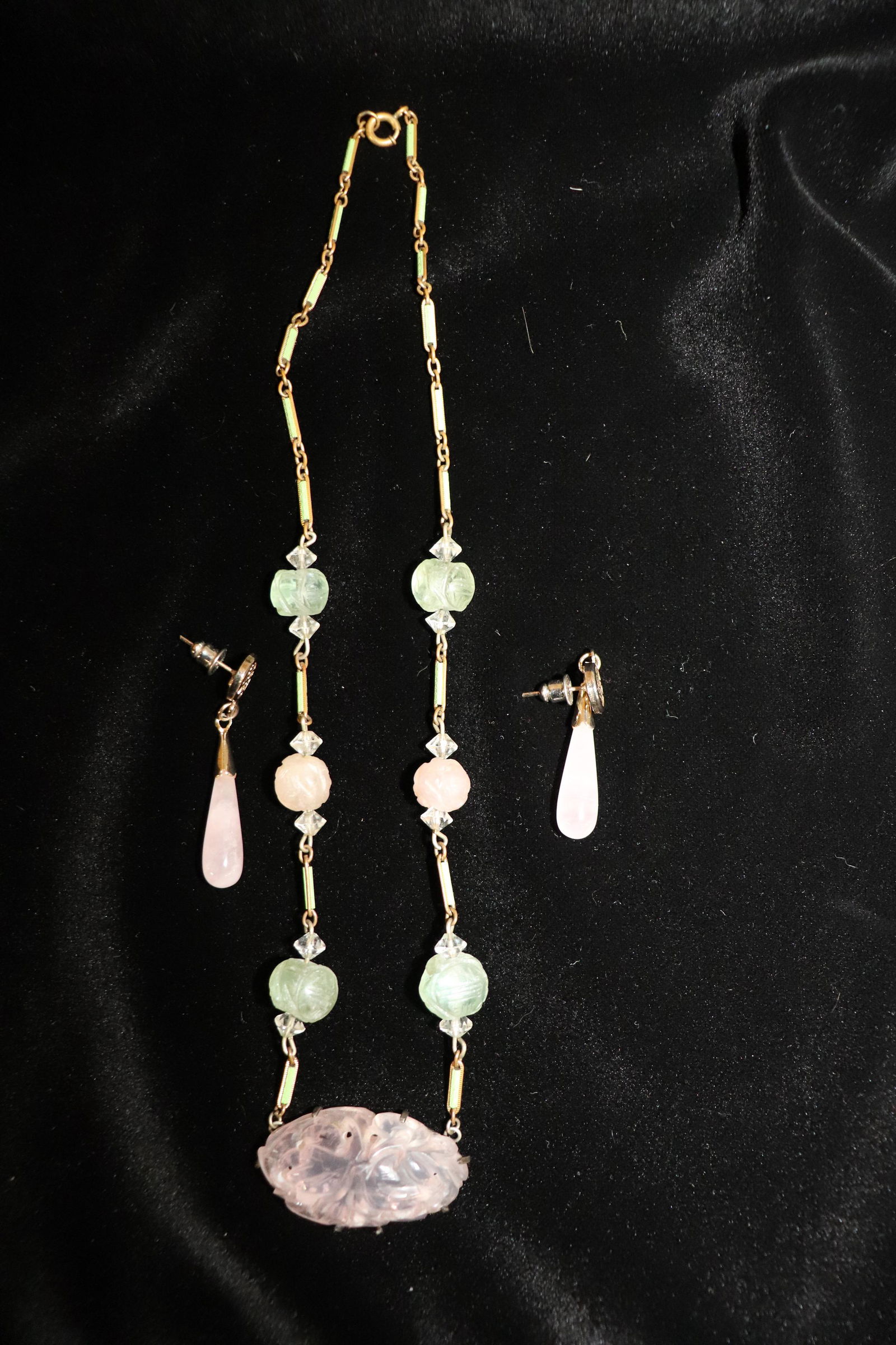 Pretty Pink and Green Molded Glass Necklace and Earring (1 of 3)