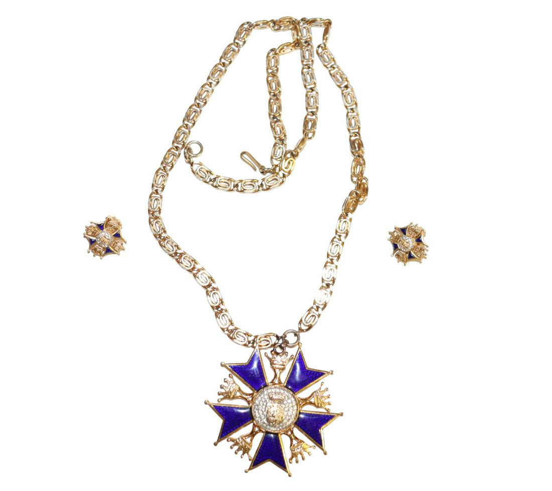 Nettie Rosenstein Necklace and Earring Set: Beautiful vintage Nettie Rosenstein, Iron Cross Pendant necklace and matching earring. Necklace measures 24 inches clasp to clasp. Pendant 2 inches x 2 inches. Earrings are clip on. Please review all 