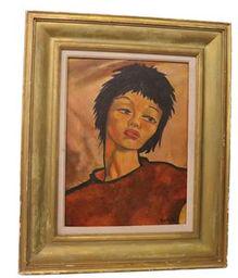 Mid Century Big Eye Girl Oil on Board Painting (1 of 8)