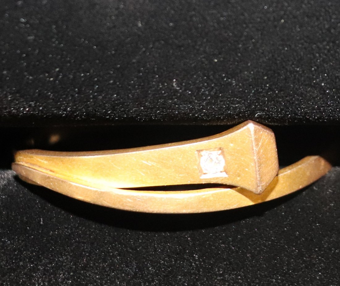14k Gold & Diamond Horseshoe Formed Hinged Bracelet: Great Horse shoe formed 14k with Diamond bracelet. Replicated by Gucci in the 1960's. Stamped 14k Pat Jan28.08. Marked with a F in a shield . Dimensions 2 1/2 x 2 1/4 inches.> Please review all photos