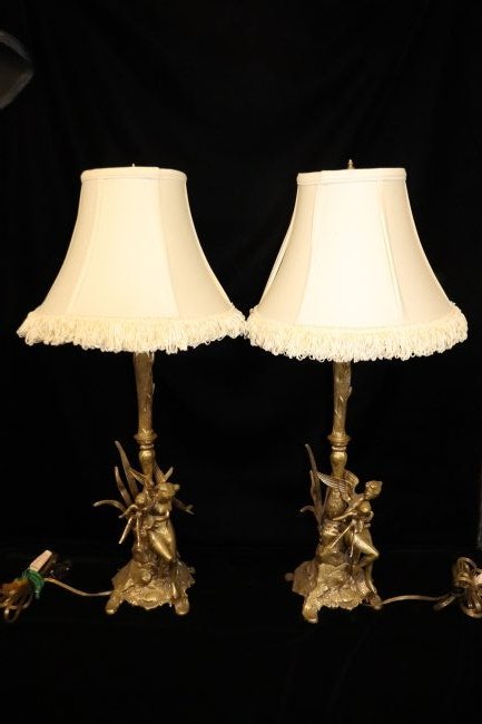 Fredrick Cooper Bronze Fairy Lamps: Great pair of Bronze Frederick Cooper Fairy lamps with the original shades. Overall dimensions 29 inches high on a 6 inch x 6 inch base. Shade is 12inch diameter. Please review all photos posted for t