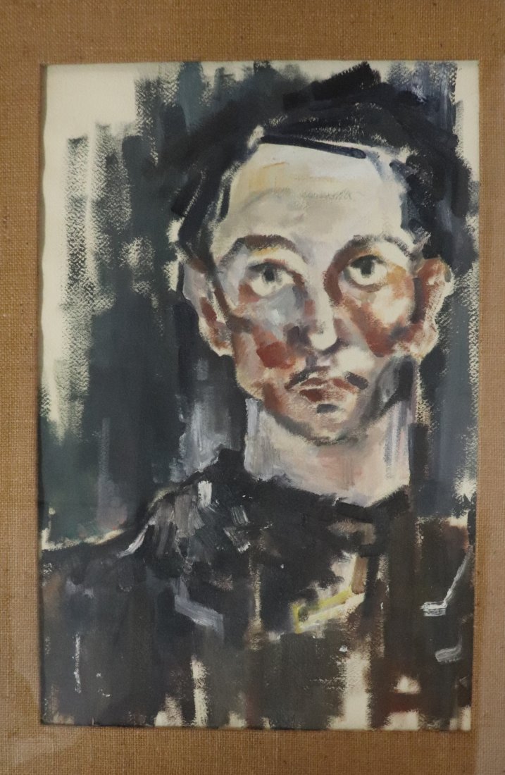 Mid Century Modern Portrait Of Man's Face: Mid Century Portrait of Man. Framed in Burlap. Dimensions Overall 30 inches x 22 inches. Art work 14 inches x 23 inches. Please review all photos posted for this listing. We encourage all bidders to r