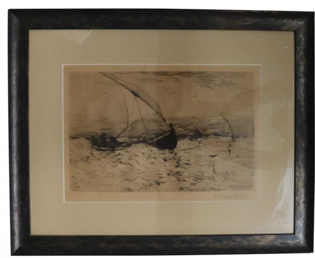 Signed Swain Gifford 1884 Sail boats in rough seas.: Swain Gifford Signed Sail boat in rough seas. Dimensions 27 inches wide x 21 1/2inches high. Art 17 inches wide x 12 inches high. Overall Good Condition Please review all photos posted for this listin