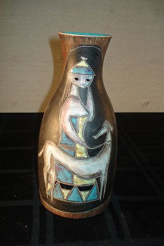 Raymor Italian Pottery Vase: Italian Pottery Vase by Raymor depicting woman and whippet. 9" tall 6" base diameter.