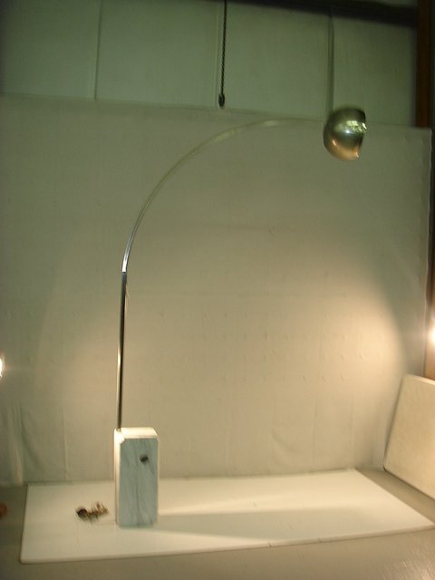 Achille & Pier Giacomo Castiglioni Flos Arco lamp: Achille and Pier Giacomo Castiglioni Flos Arco lamp. Marble base and chrome extending arm with polished chrome and perforated aluminum shade (98.5" x13" x 78.5")