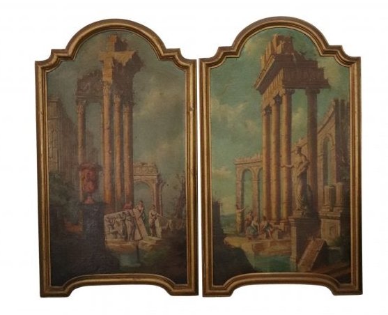 Pair of Arched Shaped Paintings of Architectural Ruins. (1 of 6)