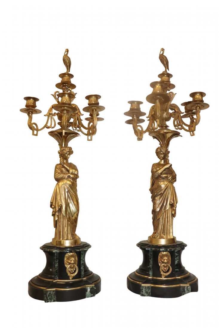 Pair Napoleon 3rd Gilt Bronze & Marble Candelabras: Pair Napoleon 3rd Gilt Bronze & Marble Candelabras Dimensions: 29 1/2 inches high x 11 1/2 inches x 11/1/2 inches Please refer to photos for more details. CONDITION Please inspect each lot and deem yo