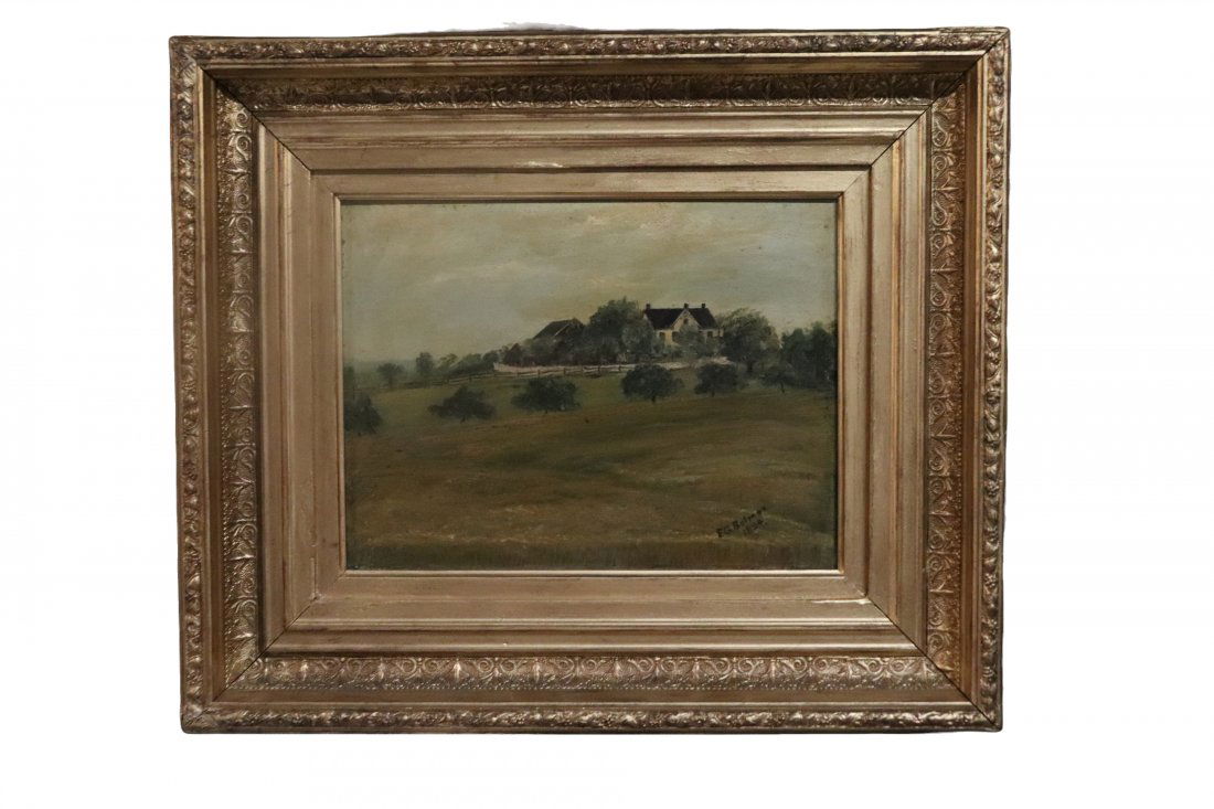 F. Bolmer 1894 Country Estate Landscape: F. Bolmer 1894 Country Estate Landscape. Oil on Board Dimensions: 16 inches high x 19 inches wide. Art measure 8 1/2 inches high x 11 1/2 inches wide Please refer to photos for more details. CONDITION