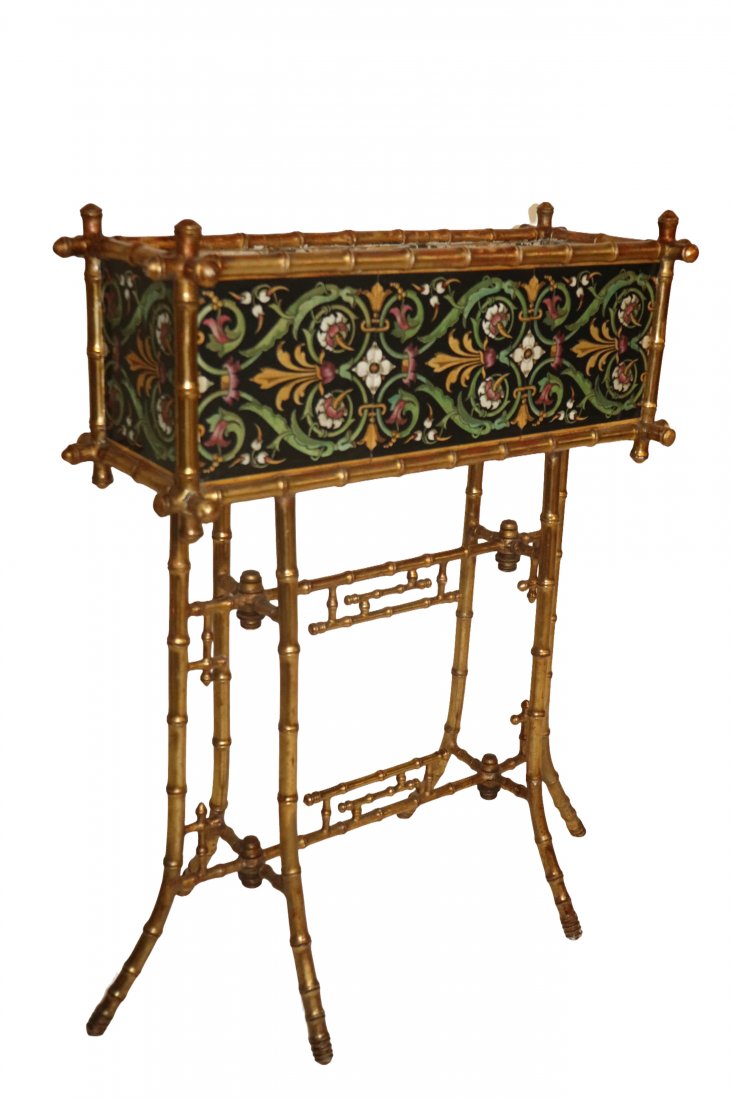 Minton Style Giltwood & Tile Freestanding Planter: Minton Style Giltwood & Tile Freestanding Planter. , Dimensions: 34 inches high x 25 inches wide 9 inches deep Please refer to photos for more details. CONDITION Please inspect each lot and deem your 