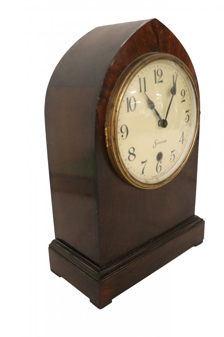 Sessions Wood Case Mantel clock.: Sessions Wood Case Mantel clock. With Key Dimensions: 13 inches high x 9 inches wide4 1/2 inches deep Please refer to photos for more details. CONDITION Please inspect each lot and deem your own opini