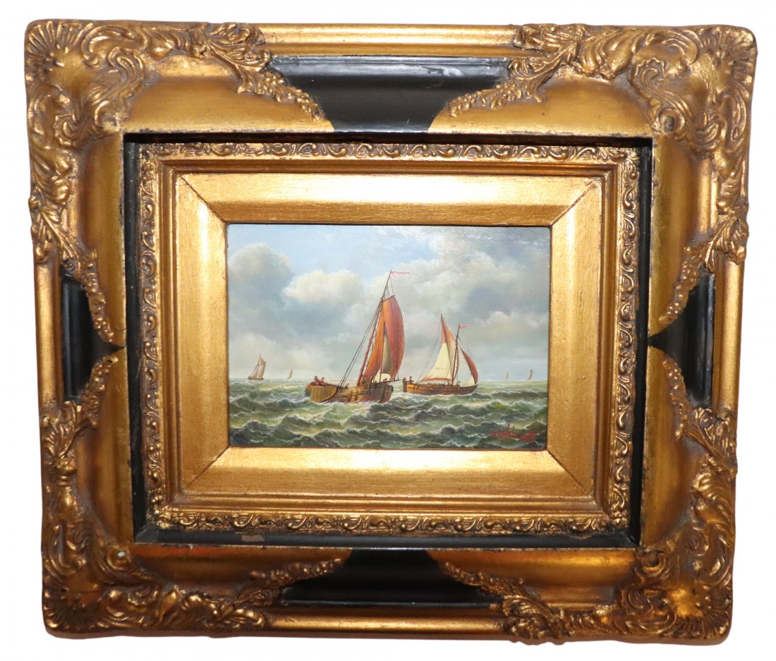 Signed Webb 1895 oil on Board Sail Boat Painting: Signed Webb 1895 oil on Board Sail Boat Painting Dimensions: 35 inches high x 30 inches wide x 3 1/2 inches deep. Art Measures 22 inches high x 18 inches deep Please refer to photos for more details. 