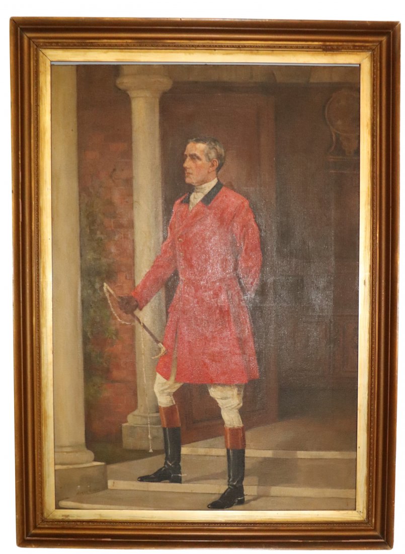 Portrait English Huntsman Signed Harry Allen: Portrait English Huntsman. Circa 1917. Habit Signed Harry Allen . Please see last photo for receipt of when this painting was purchased by estate. Dimensions: 46 1/2 inches high x 34 inches wide. Art