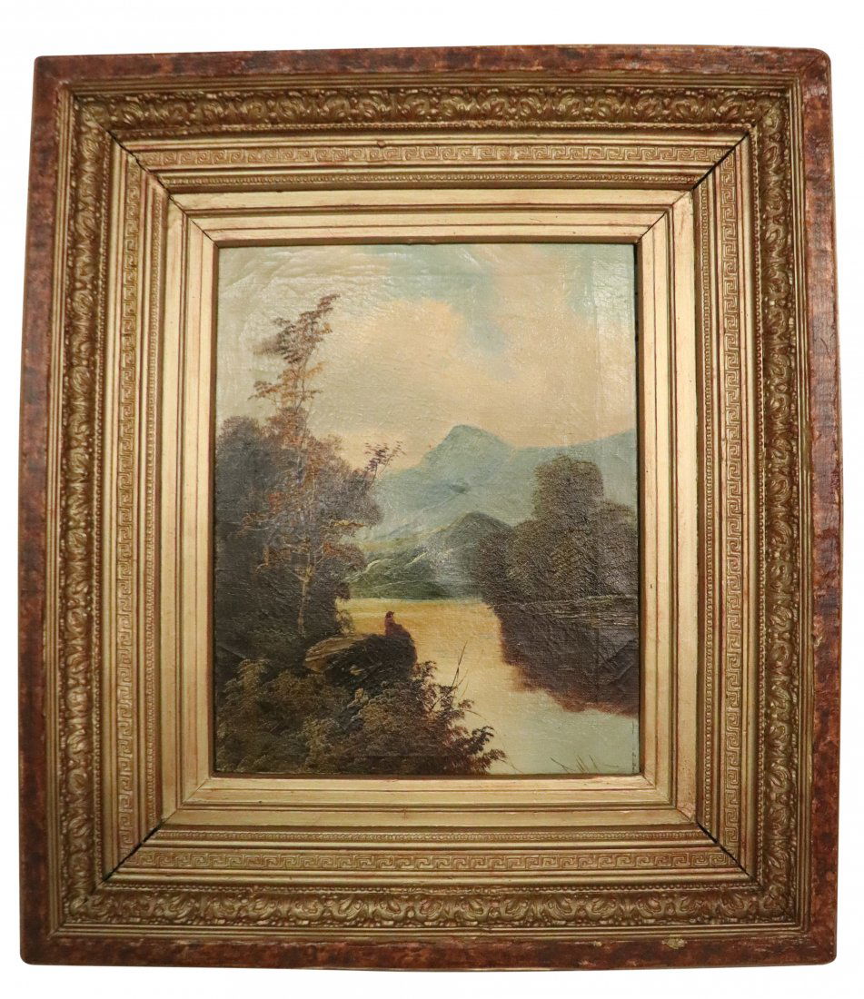 Landscape Painting Mountain Scene, Man on Rock. (1 of 4)