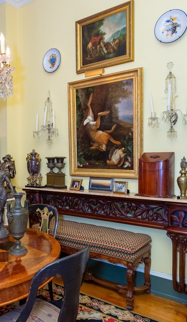 Carved Wood Marble Top Credenza: Carved Wood Marble Top Credenza Dimensions: 34 inches high x 80 inches wide x 11 1/2 inches deep. Marble top measures 12 inches deep x 84 inches wide. Please refer to photos for more details. CONDITIO