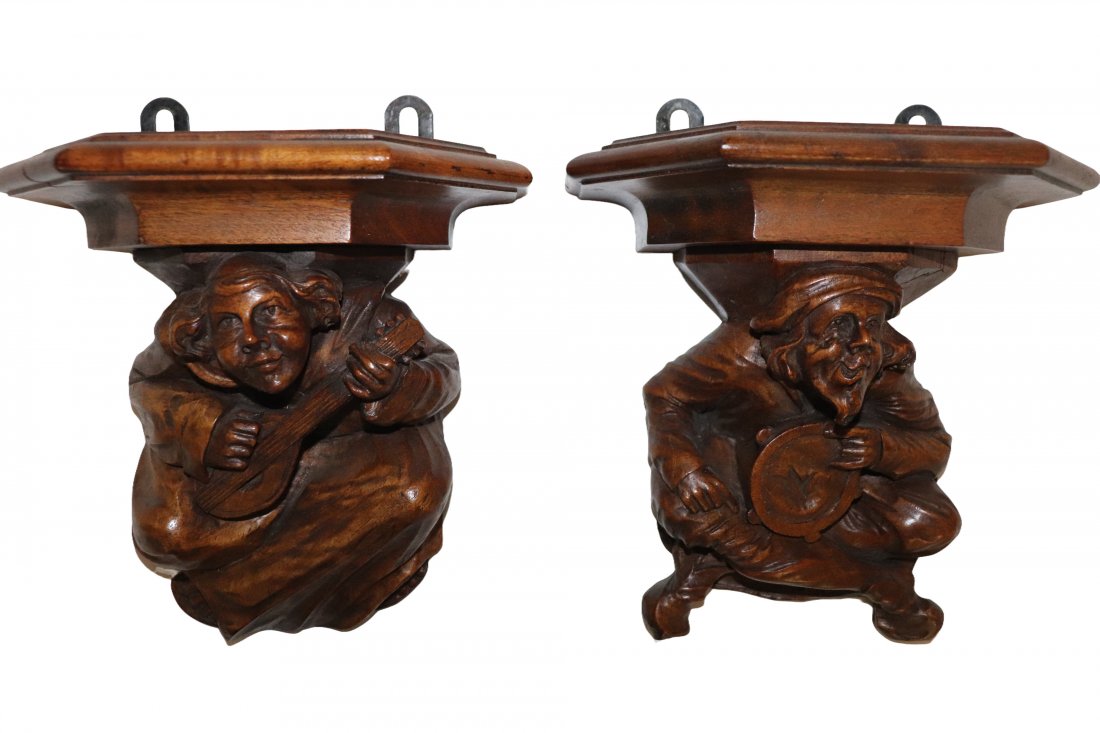 Pair Carved Wood Monk Figure  Shelves (1 of 3)
