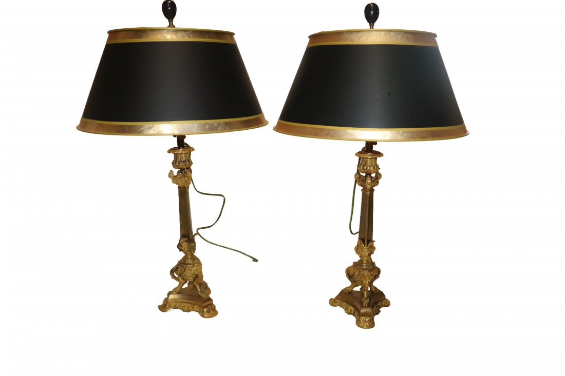 Pair Brass Lamp with Decorative Black and Gold Shades (1 of 4)