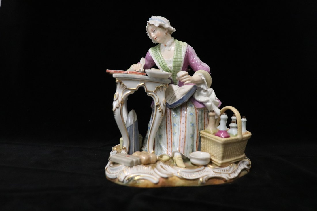 A Meissen Porcelain Figure Of The Good Housewife: A MEISSEN PORCELAIN FIGURE OF 'THE GOOD HOUSEWIFE'CIRCA 1757-58, BLUE CROSSED SWORDS MARK, Dimensions:6 inches wide x 6 1/2 inches high x 4 inches deep. Please refer to photos for more details. CONDIT